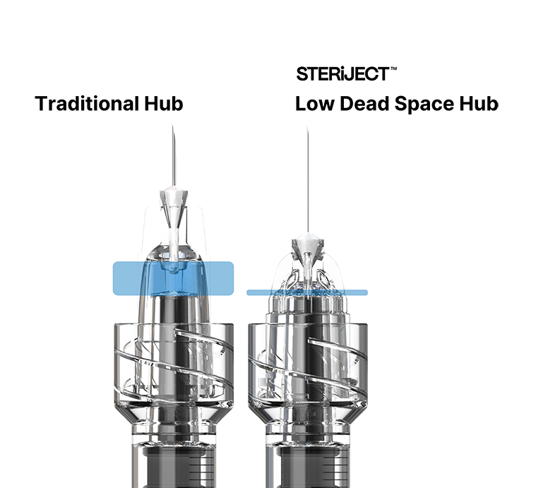 Traditional hub compared with the STERiJECT low dead space hub