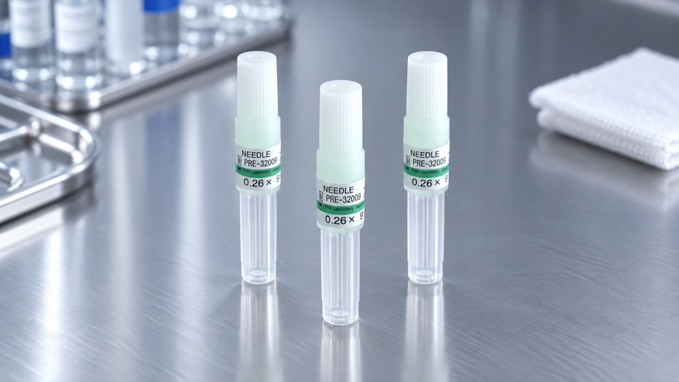 Three STERiJECT PRE-32009 needle capsules on a stainless steel bench