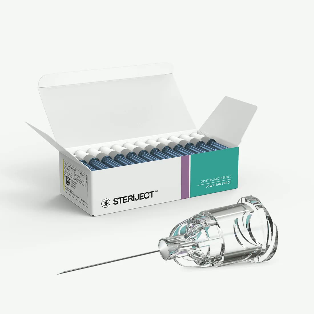 STERiJECT Ophthalmic Low Dead Space Needle and product packaging