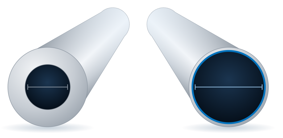 Two cannulas with the same outer diameter, the thin-wall one showing a wider internal bore